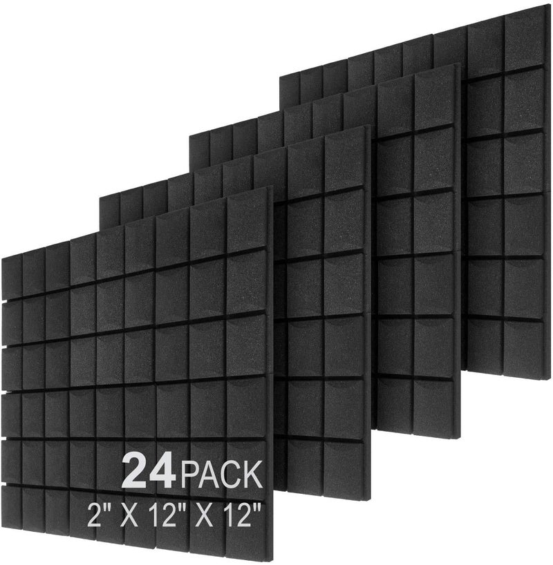 JBER 24 Pack 2" X 12" X 12" Acoustic Foam Panels,Soundproofing Wall Studio foam Panels wedges,Sound Insulation Absorbing Acoustic Treatment,9 Blocks Beveled Mushroom Fireproof Design - Black - Image 1